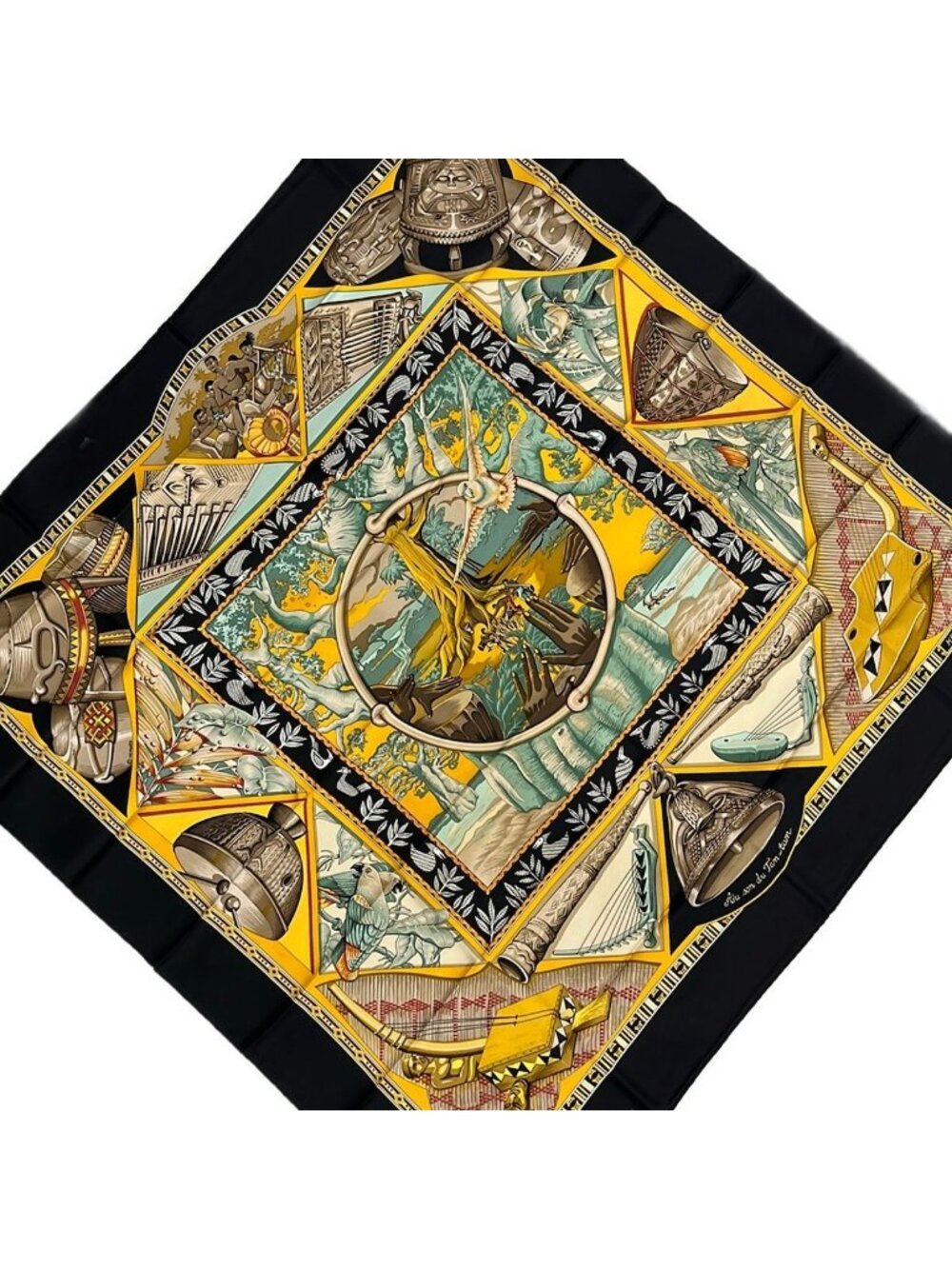 Hermes Scarf Carre 90 Black Yellow Multi Au Son du